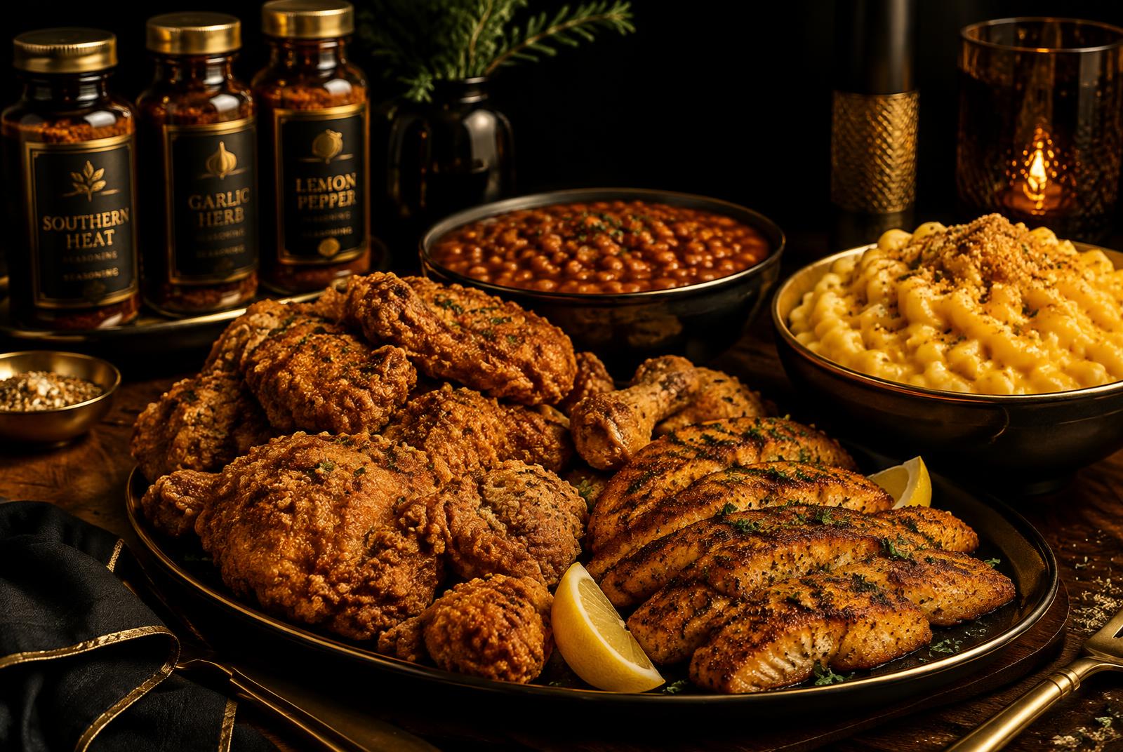 Sweet Redemption chicken, fish, beans and mac and cheese